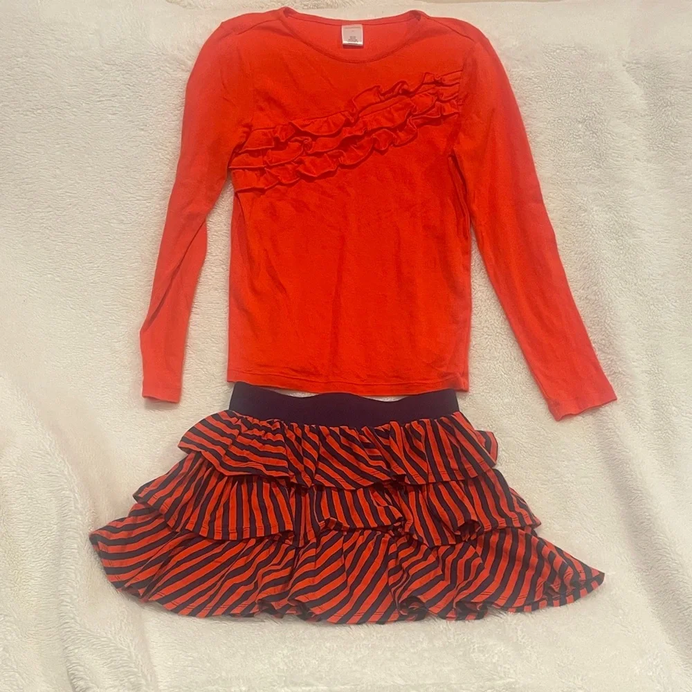 Gymboree Outfit. Long sleeve tee w/ tiered ruffle skirt. Orange + navy Sz 10 EUC